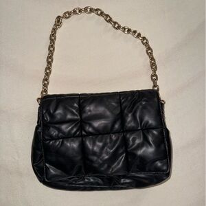 Black shoulder bag, Cushion fabric with chunky gold chain strap.